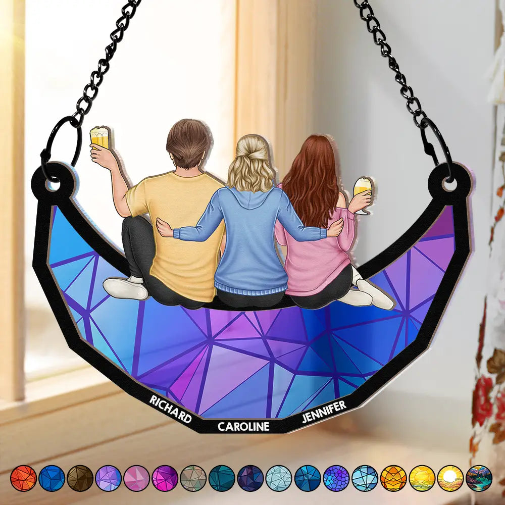 Personalized Friends Sitting On The Moon Ornament – Back View Hanging Suncatcher Gift for Friends, Sisters, or Siblings