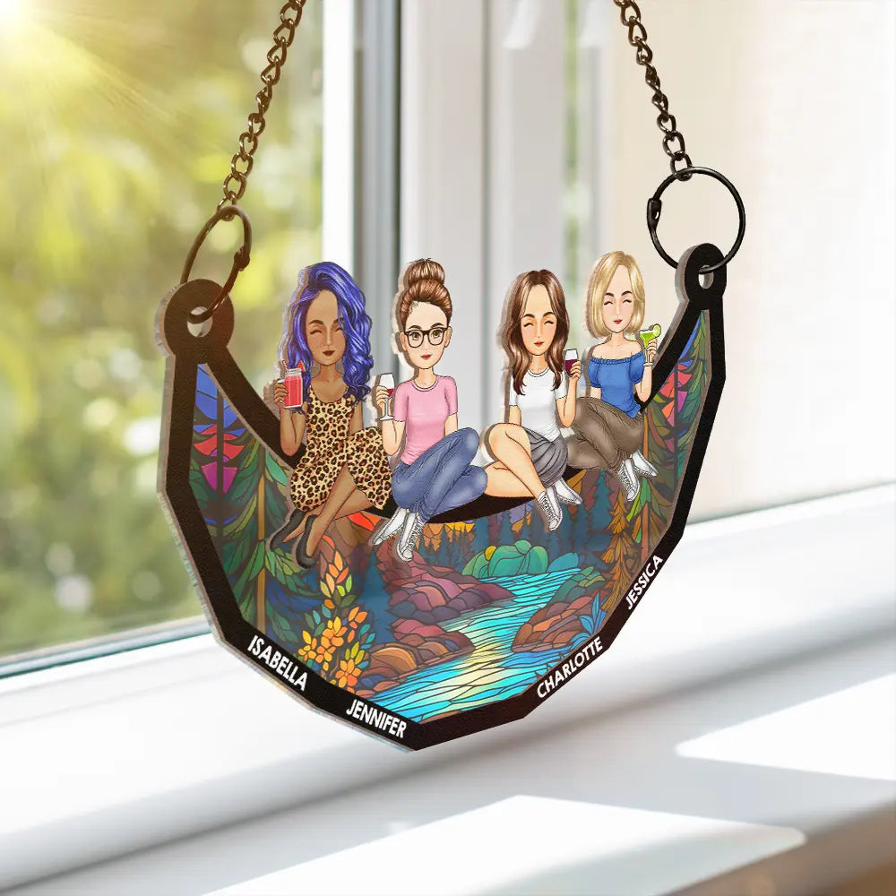 Personalized Best Friends Sitting on a Crescent Moon Wood and Acrylic Layered Ornament, Vibrant Window Display, Unique Gift