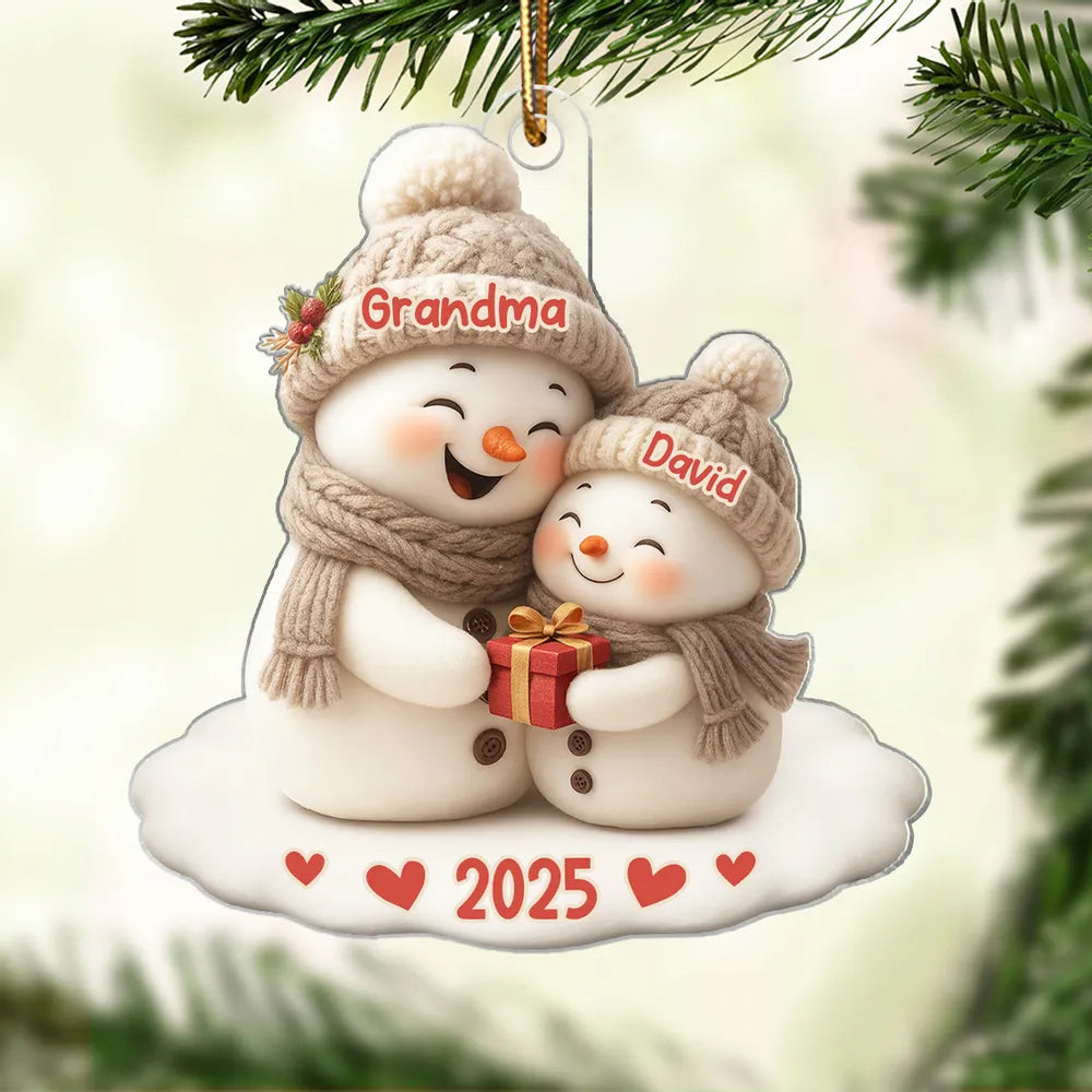 Personalized Acrylic Ornament for Grandma & Grandkid Snowman Hug Christmas Tree Decor Unique Family Gift