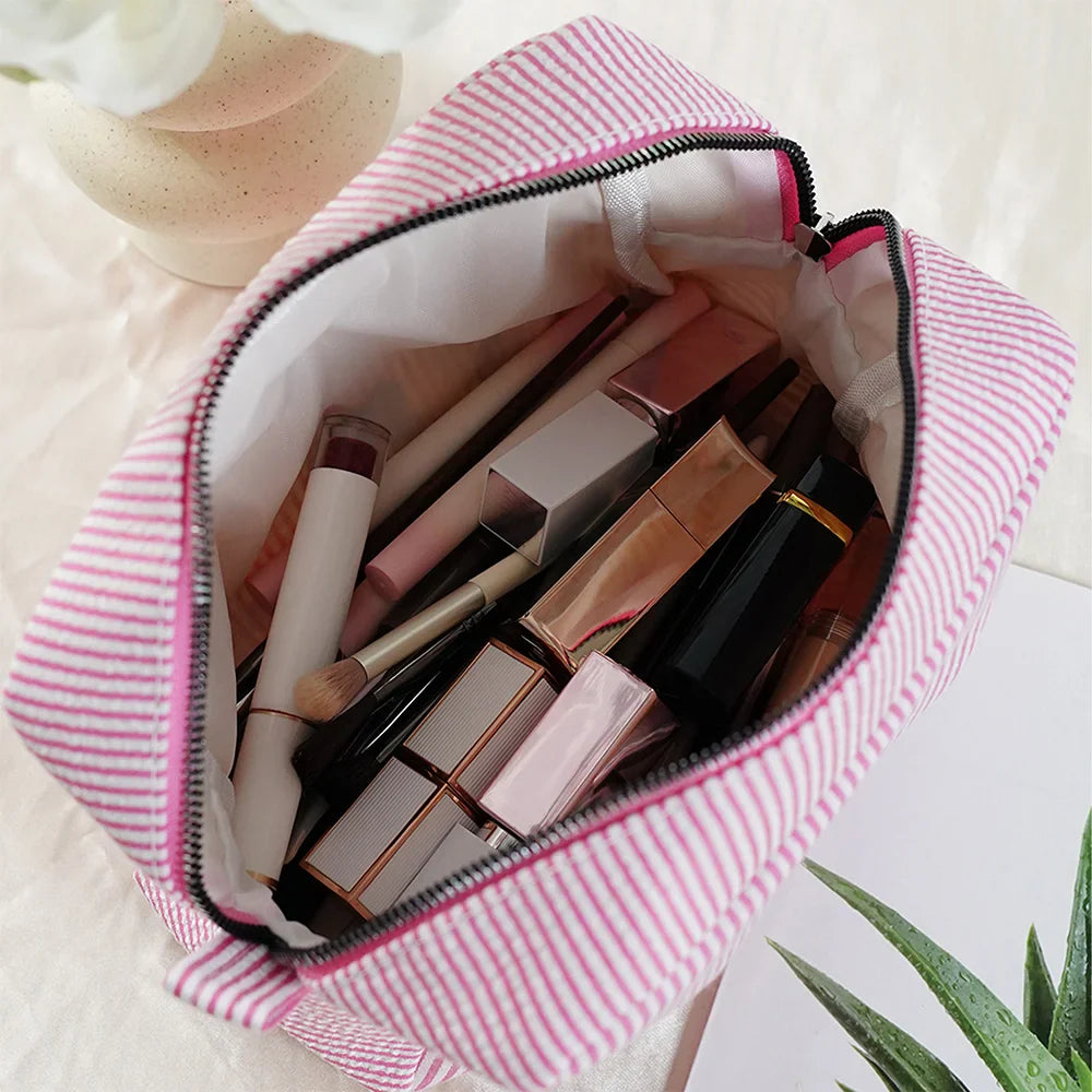 Stripes Makeup Bag with Cartoon Character Design, Portable Storage, Perfect Gift for Women