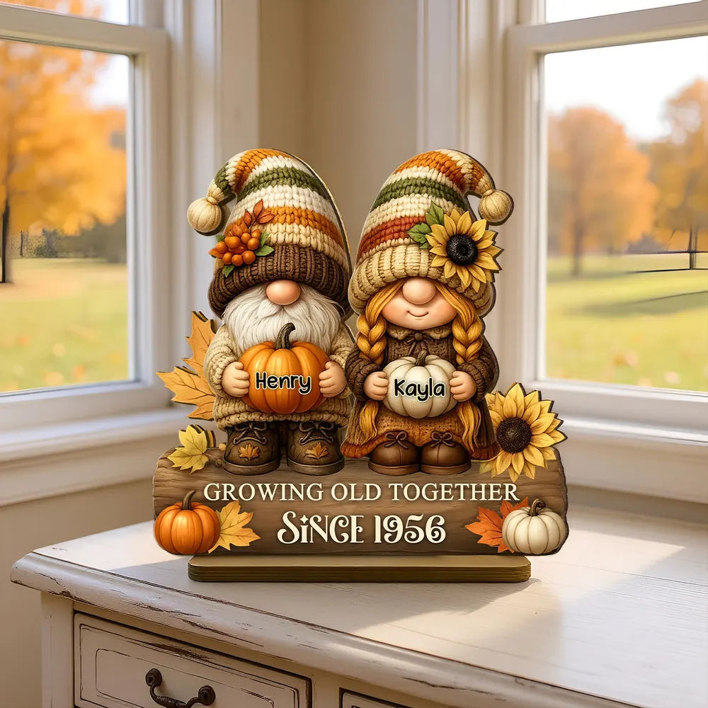 Gnome Couple Wooden Plaque, Customizable Fall Pumpkins and Sunflowers, Romantic Keepsake for Home, Unique Couple Gift