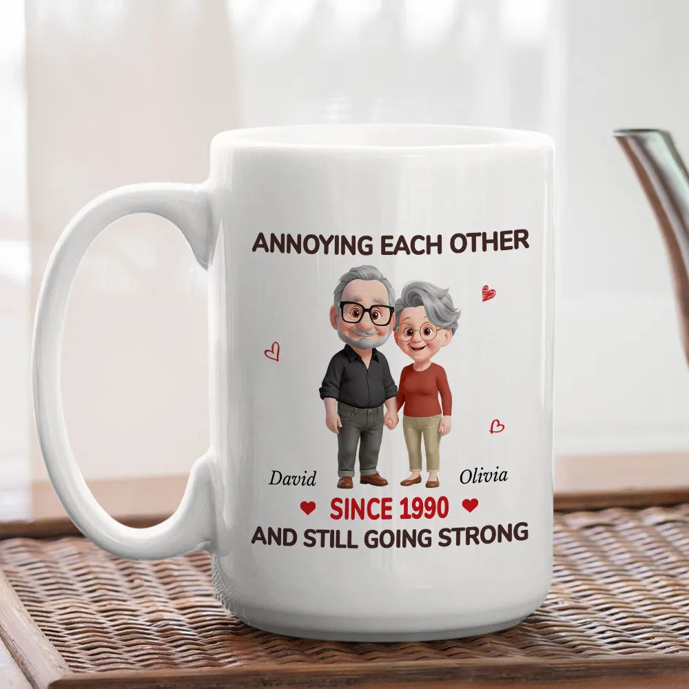 Personalized White Ceramic Mug with Cute Couple Cartoon and Hearts, Funny 'Annoying Each Other' Unique Gift for Couples