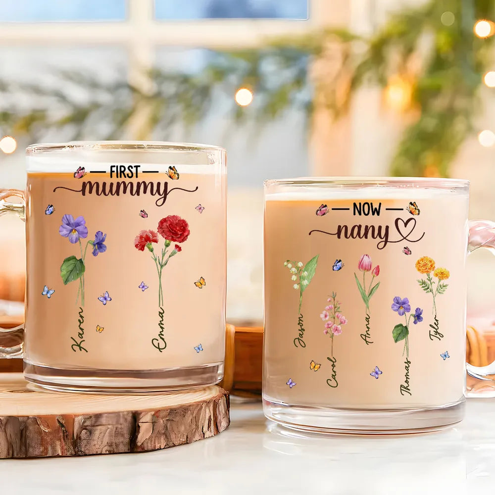Personalized Glass Mug for Grandma, Custom Birth Flower Style Design, Sweet Daily Coffee Gift