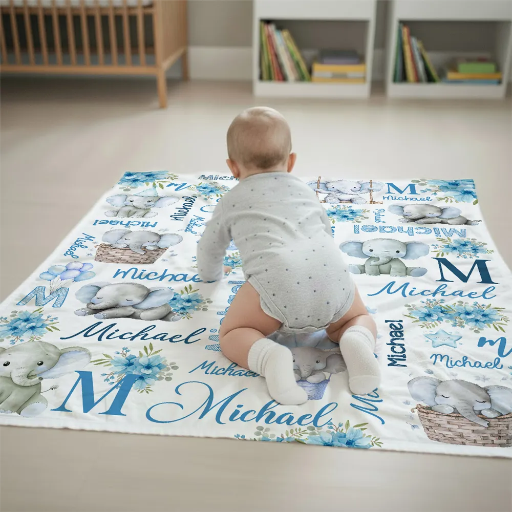Custom Name Baby Fleece Blanket with Cute Pink Elephant Illustrations, Lightweight Cozy Throw, Adorable Personalized Gift