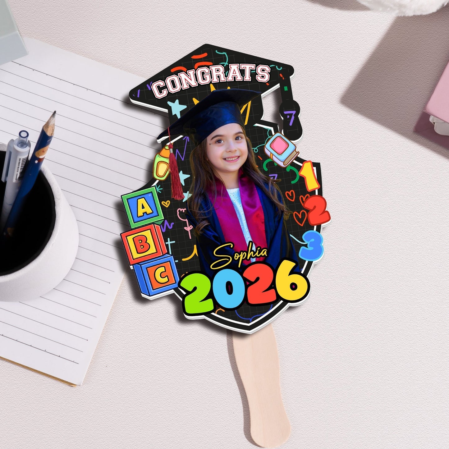 Personalized Graduation Foam Board Fan with Photo and Congrats Design for Kindergarten Graduation, Unique Gift for Kids