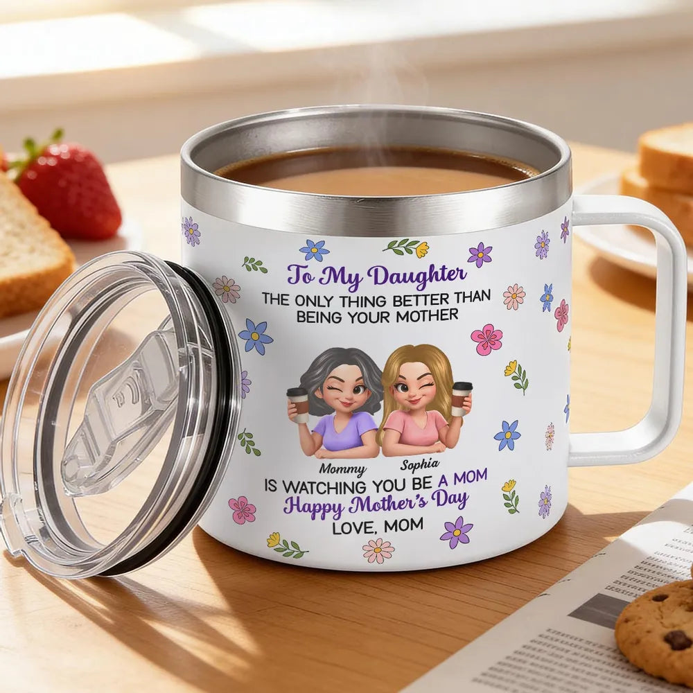 Personalized Mother's Day Stainless Steel Coffee Mug with Floral Mom Daughter Quote, Unique Gift for Daughter
