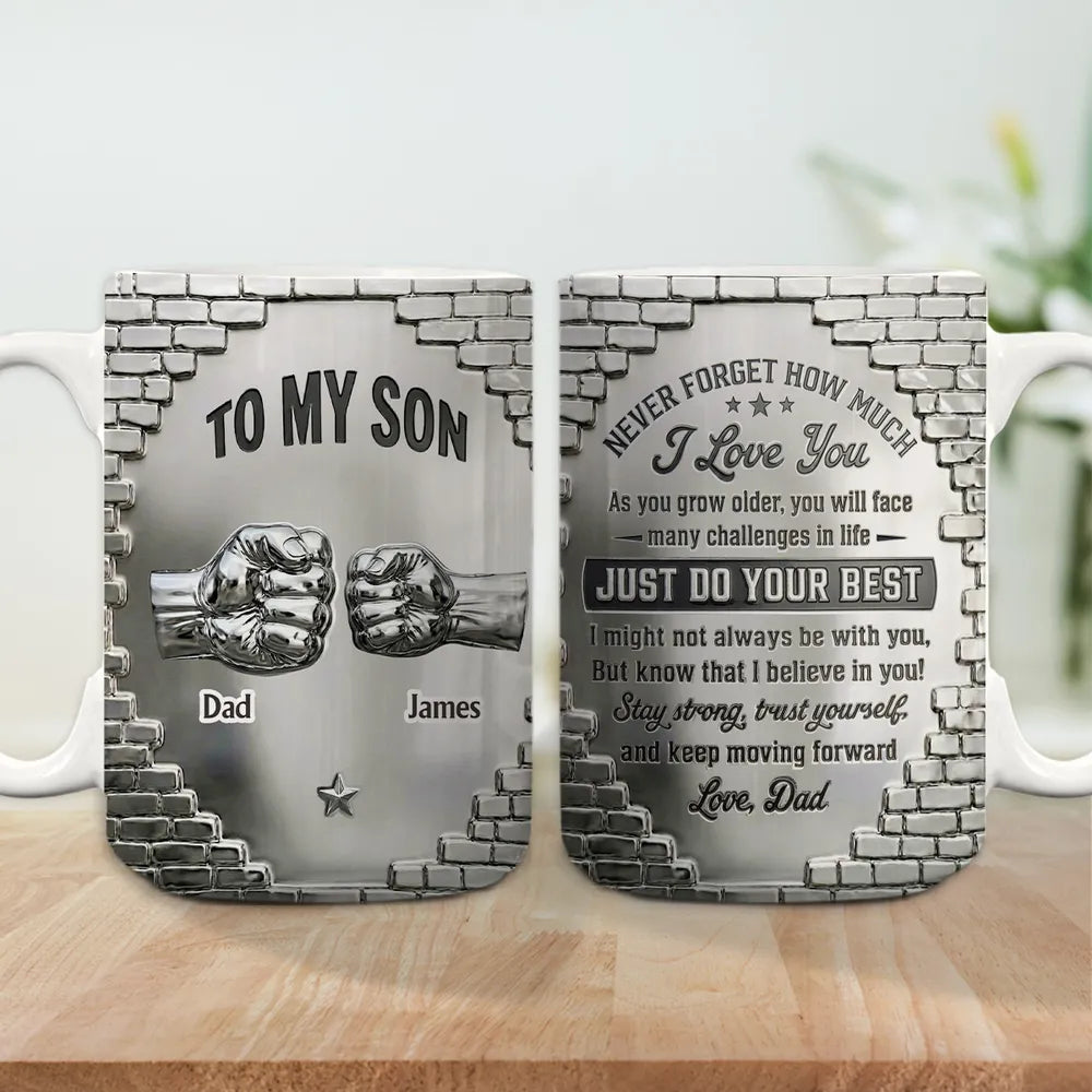 Personalized White Ceramic Mug With Fist Bump Design, To My Son Encouragement Message, Unique Gift From Dad