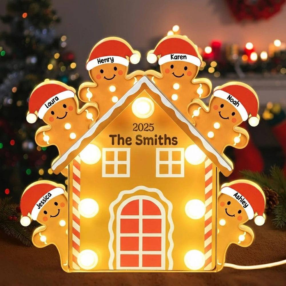 Custom Family Acrylic Light Box Lamp with Gingerbread House and Warm Glow, Festive Bedroom Light and Heartfelt Christmas Gift