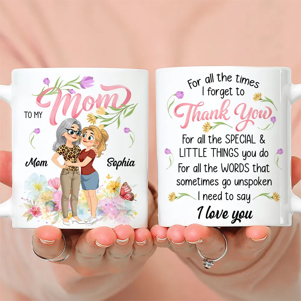 Personalized Ceramic Mug for Mom - Custom Hugging Mom and Daughter Design, Floral Thank You Quote, Unique Gift