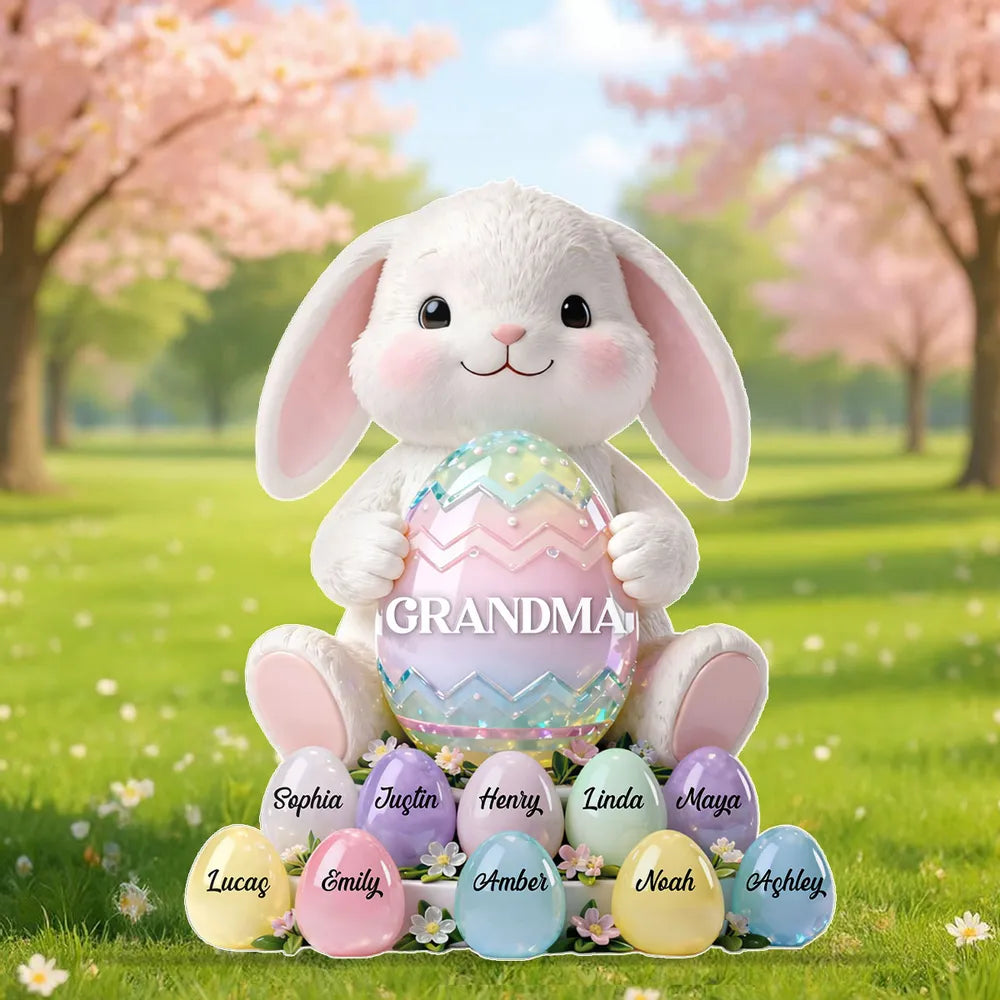 Personalized Shaped Acrylic Block Plaque Cute Bunny Holding Easter Egg for Grandma Spring Shelf Decor Unique Gift