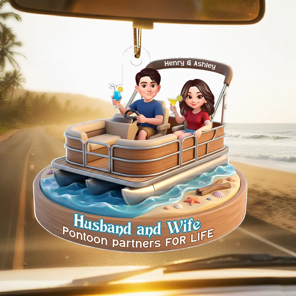 Personalized Acrylic Car Hanger Pontoon Couple Cute Cartoon Boat Decor, Unique Gift for Husband & Wife