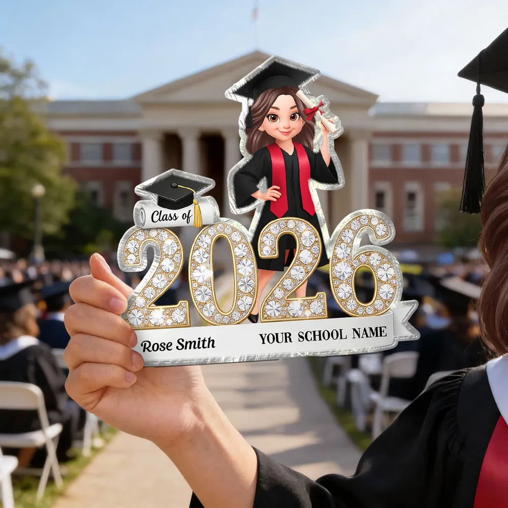 Shaped Acrylic Block Plaque Sparkly Class Of Grad Girl Holding Diploma Desk Decor - Unique Graduation Gift