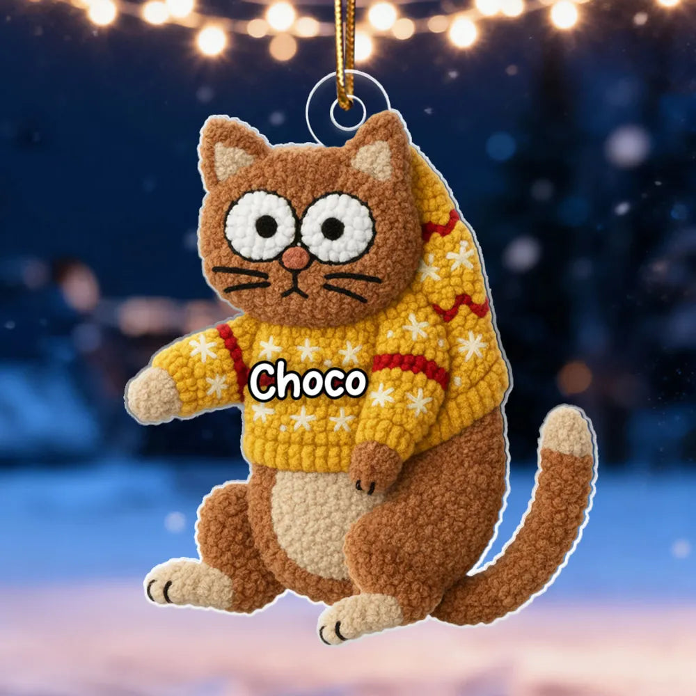 Personalized Cat Acrylic Christmas Ornament with Cozy Latch-Hook Look Sweater – Cute Holiday Gift for Cat Lovers