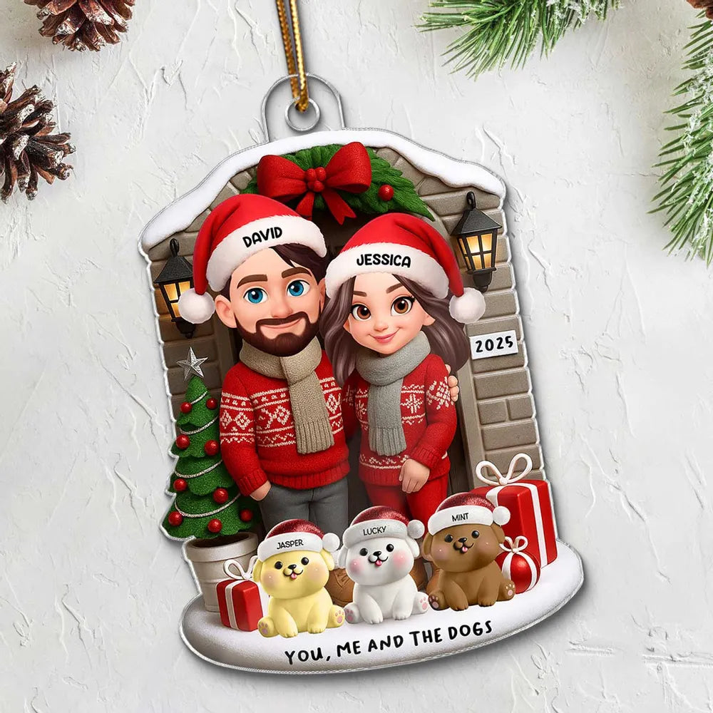 Acrylic Ornament featuring “You, Me and the Dogs” theme, festive sweaters, gifts and tree—perfect holiday gift for Couples and Dog Lovers