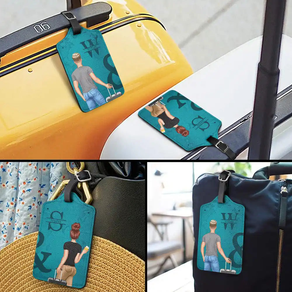 2 Leather Luggage Tag Personalized Set, Matching Couple Rolling Suitcase Design for Cruises and Trips, Thoughtful Gift