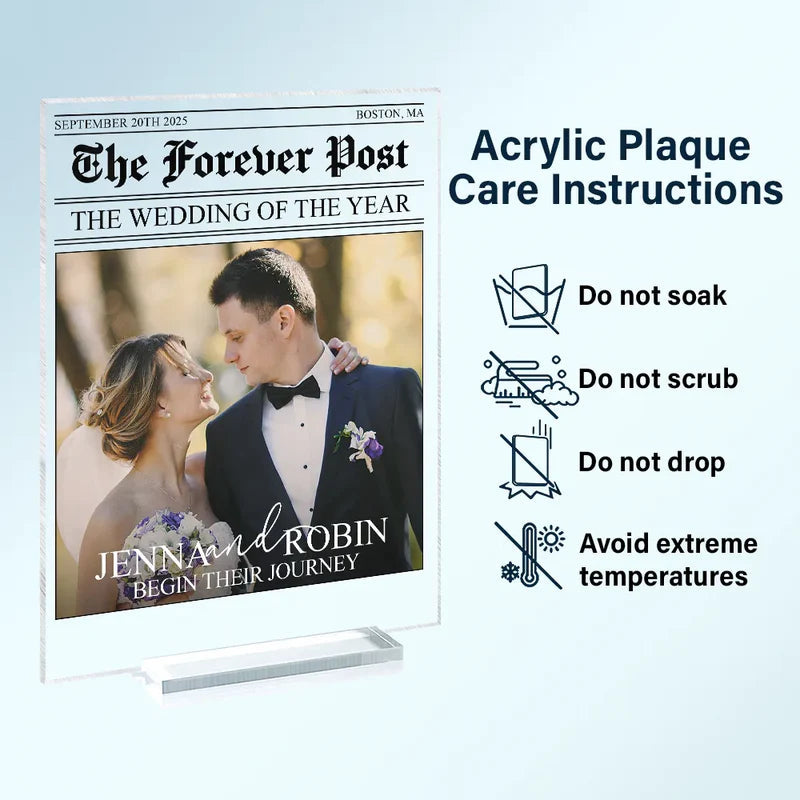 Custom Couple Acrylic Plaque Wedding Times Front Page – Elegant Personalized Decor for The Big Day, Anniversary & Romantic Gift