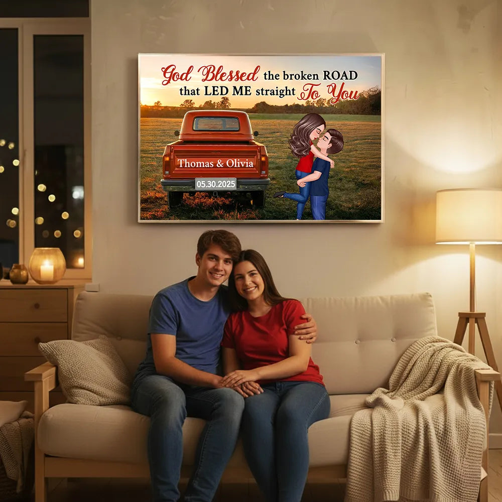 God Blessed the Broken Road Personalized Poster – Custom Hugging Couple Wall Art, Modern Home Decor and Heartfelt Gift for Him or Her