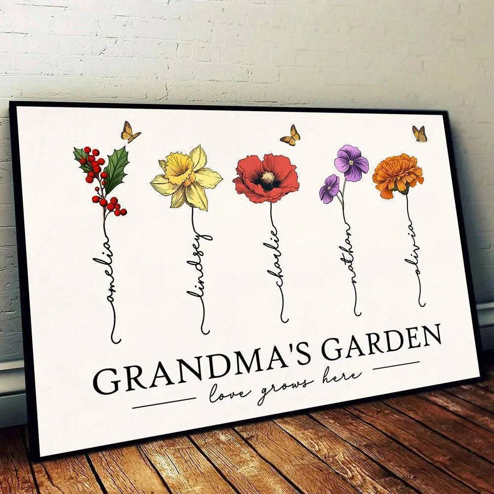 Grandma's Garden Love Grows Here Beautiful Birth Month Flower Gift For Grandma Mom Personalized Cup or Poster or Canvas, Keychain, Plaque, Wallet Card, Pillow