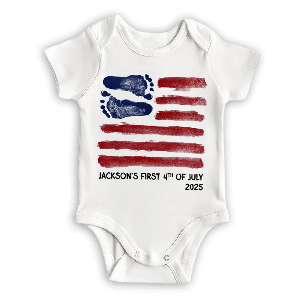 Short Sleeve Baby Onesie with Baby Footprints American Flag - Personalized Keepsake Outfit, Sweet Gift for New Parents