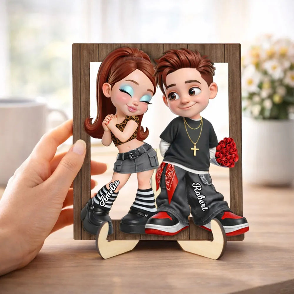 Personalized 2-Layer Wooden Plaque Y2K Cartoon Couple Holding Roses Unique Gift For Him Or Her
