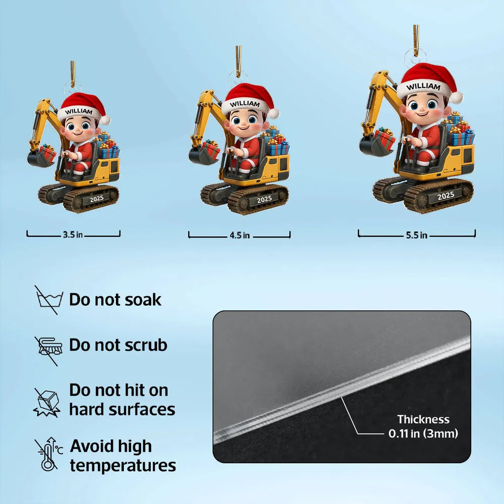 Christmas Acrylic Ornament with Cute Excavator and Santa Kid – Festive Decoration & Perfect Gift for Children