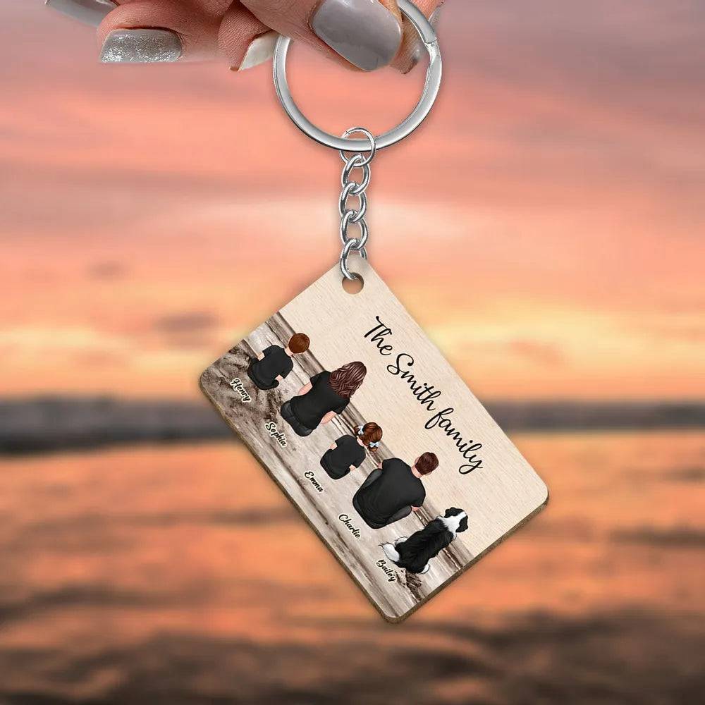 Beach Landscape Family Sitting Back View - Personalized Knit Hat or Card or Plaque or Keychain or Poster or Car Hanger or Pillow or Cup- Ideal Gift for Loved Ones