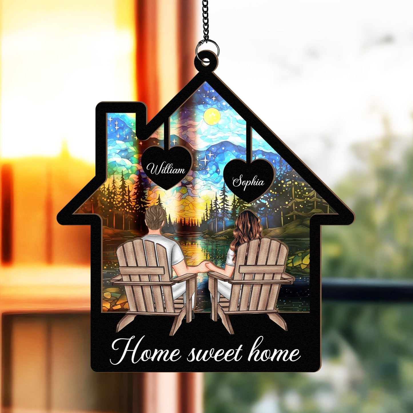 Starlit Forest Scene Couple Ornament – Personalized Wood and Acrylic Hanging Keepsake for Lovers