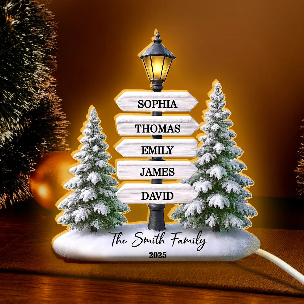 Personalized Christmas Acrylic Light Box with Family Signpost & Snowy Trees, Warm Glow Holiday Décor, Unique Gift for Loved Ones