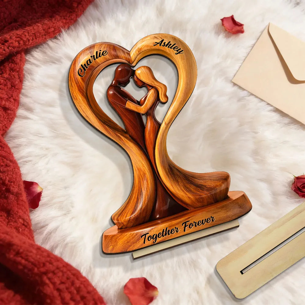 Personalized 2-Layer Wooden Plaque Heart Couple Hugging Together Forever Unique Anniversary Gift for Husband or Wife