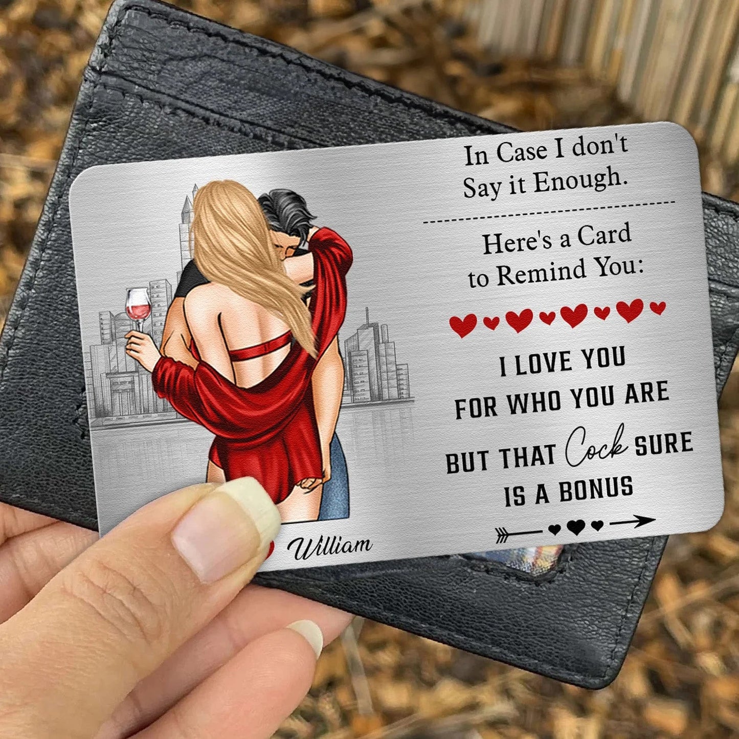 Personalized Metal Wallet Card Couples Hugging City Sketch - Funny Love Note Keepsake, Unique Gift for Husband or Boyfriend