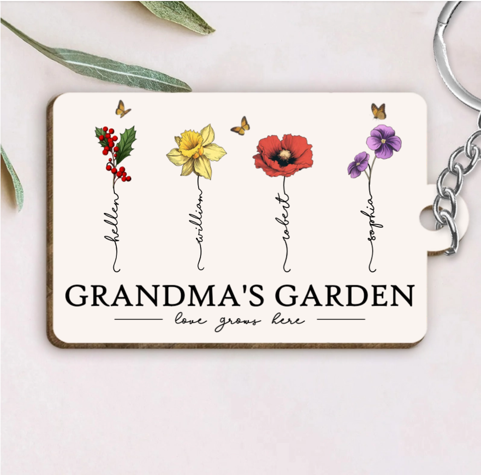 Grandma's Garden Love Grows Here Beautiful Birth Month Flower Gift For Grandma Mom Personalized Keychain, Poster, Plaque, Wallet Card, Car Hanger