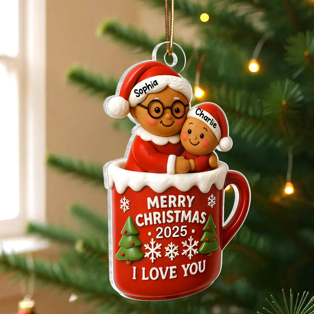 Acrylic Ornament with Grandma and Child in Red Christmas Mug, Festive Holiday Décor and Perfect Gift for Family