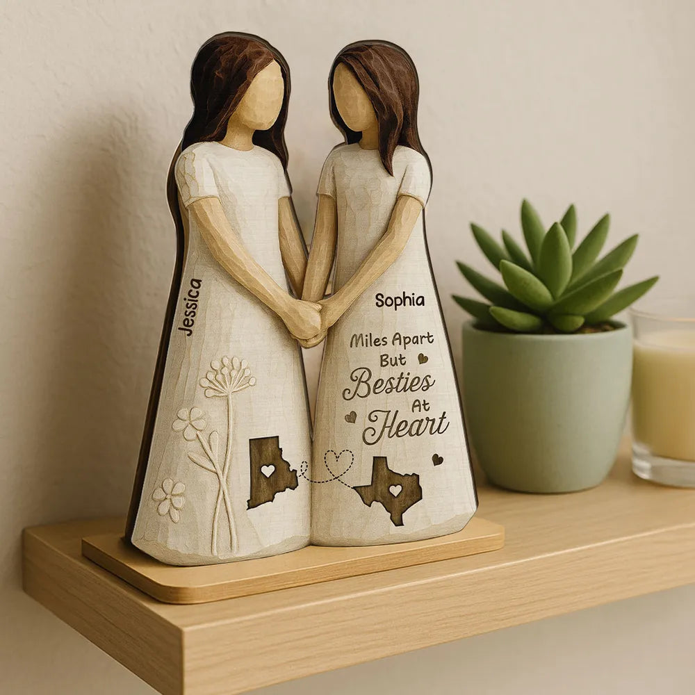 Personalized Wooden Plaque Besties At Heart Long-Distance Friends Holding Hands Rustic Shelf Decor Unique Gift
