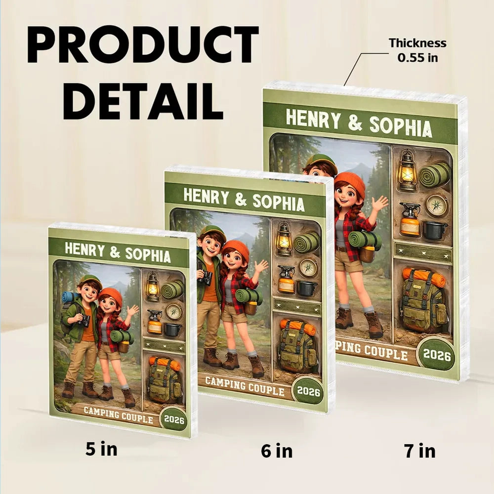 Personalized Camping Couple Rectangle Acrylic Block Plaque, Cute Cartoon Hikers Desk Decor, Unique Gift for Couples