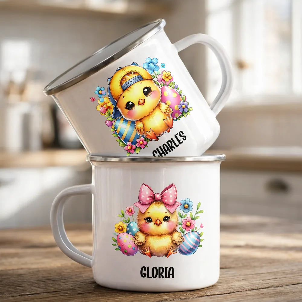 Watercolor Bunny Enamel Mug, Personalized Name Keepsake for Cozy Sips, Adorable Easter Season Gift for Family