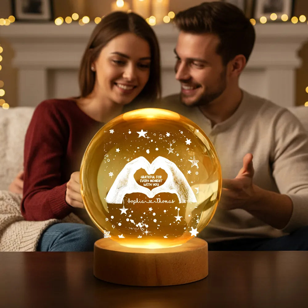 Personalized Globe Lamp With Heart Hands Quote, Cozy Starry Night Decor, Unique Romantic Gift For Couples