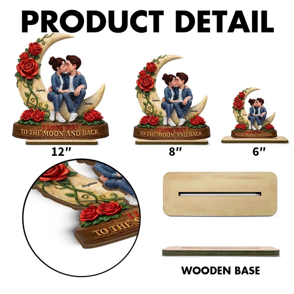 Personalized 2-Layer Wooden Plaque Kissing Couple on Crescent Moon Romantic Unique Gift for Wife or Girlfriend