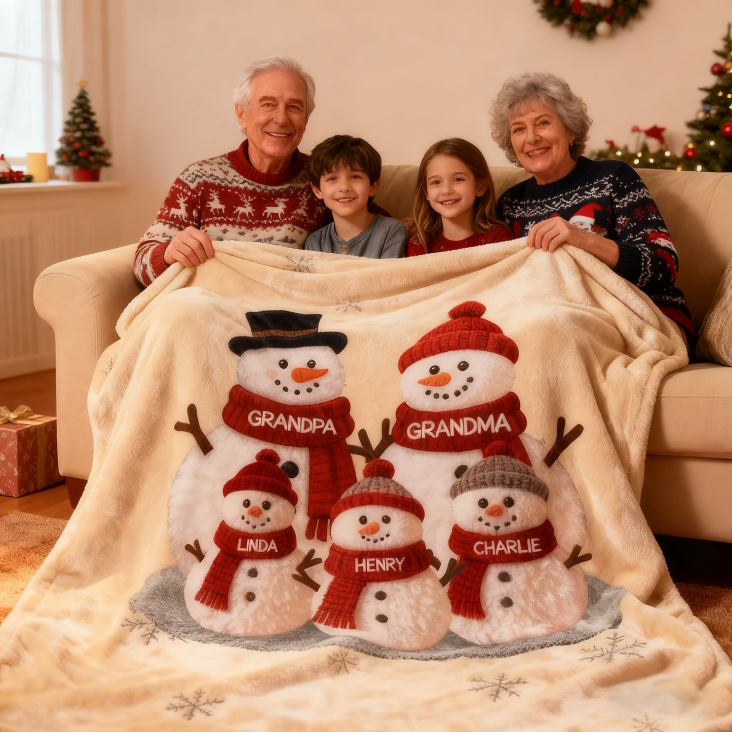 Custom Snowman Family Fleece Blanket, Snuggly Holiday Fleece for Grandma and Grandpa, Unique Personalized Christmas Gift