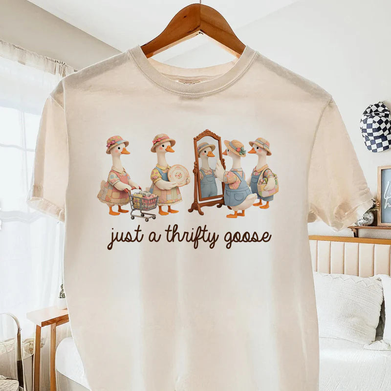 Personalized Just A Thrifty Goose Classic Tee, Cute Cartoon Goose Outfit Gift for Grandma or Mom