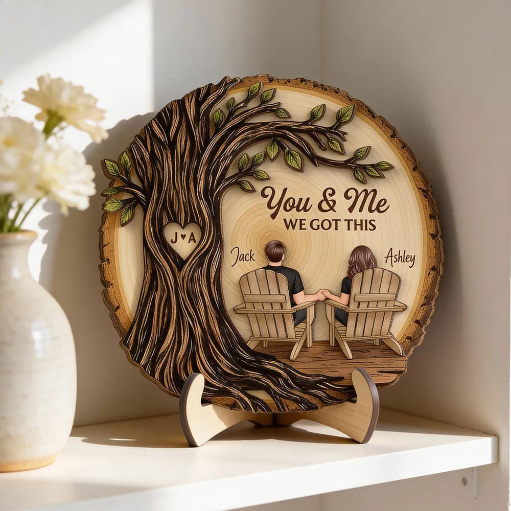 Personalized 2-Layer Wooden Plaque Couple Holding Hands Under Tree, You & Me We Got This, Unique Romantic Gift