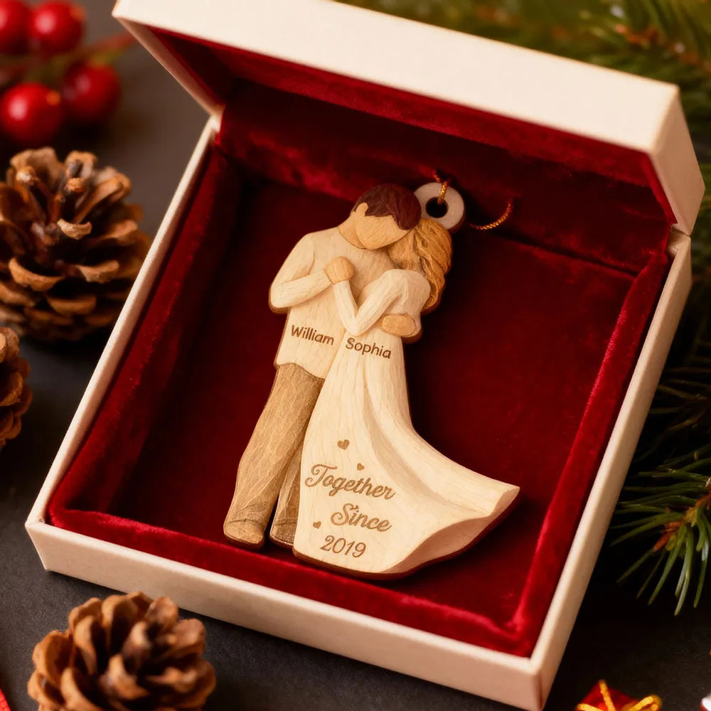 Romantic Wooden Ornament Personalized for a Couple, Sweet Hugging Design with Warm Neutrals, Unique Gift for Partner