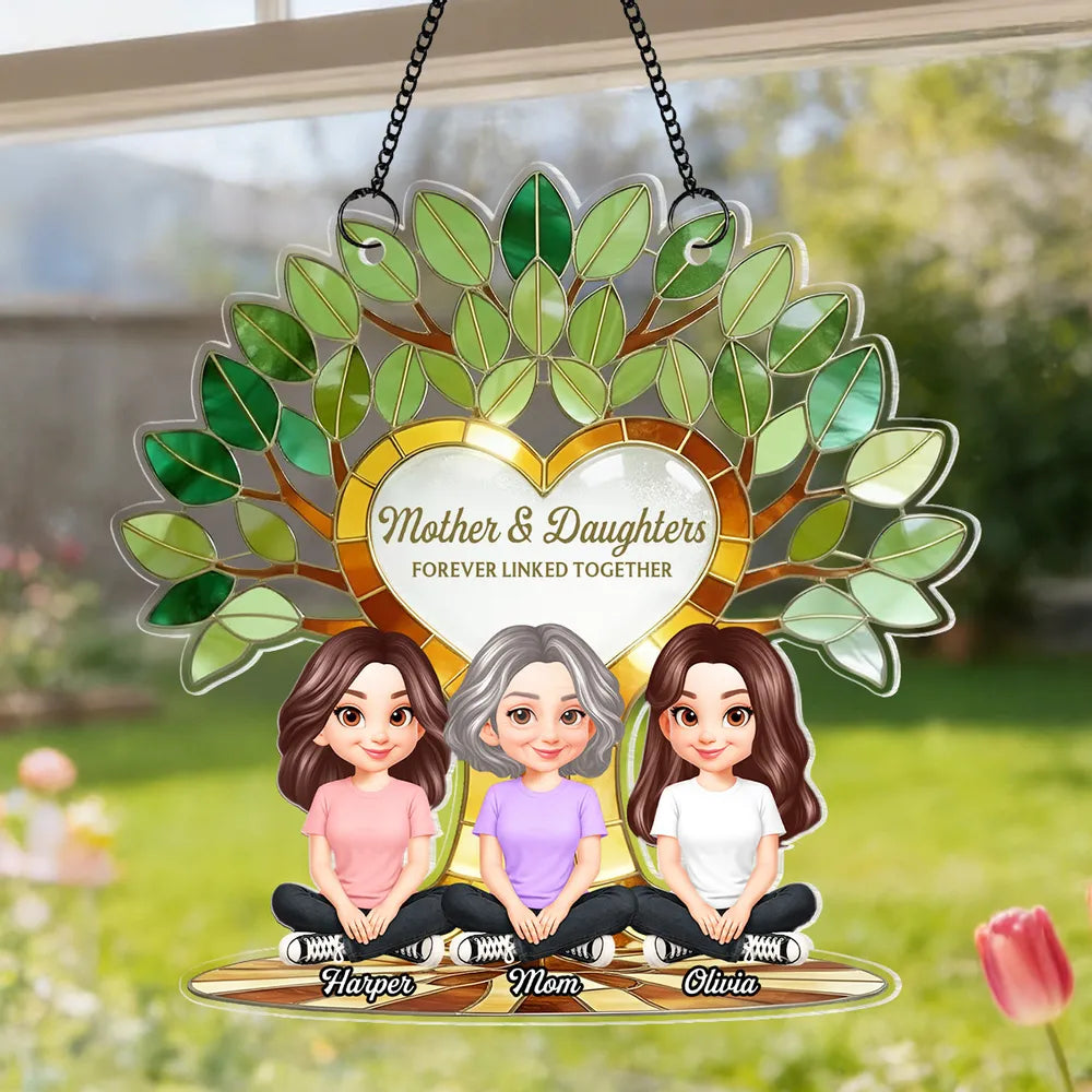 Acrylic Suncatcher Ornament with Mother and Daughters Forever Linked Together - Personalized Sunlit Window Gift for Mom
