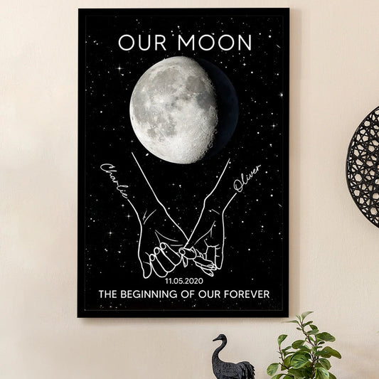 Personalized Moon Phase Couple Holding Hands Line Art Poster, Romantic Starry Night Wall Decor, Unique Gift