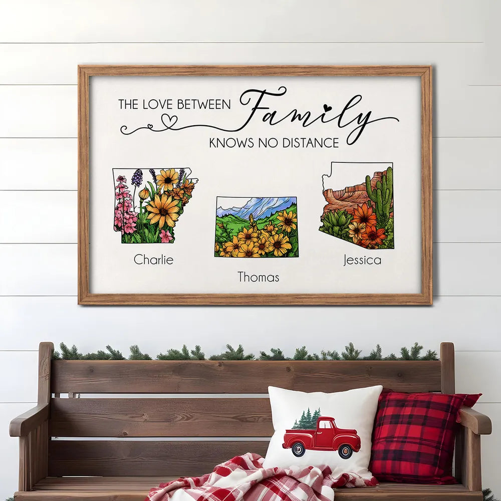 The Love Between Family Friends Knows No Distance Watercolor Wildflower State Map Personalized Poster or Plaque or Keychain or Ornament