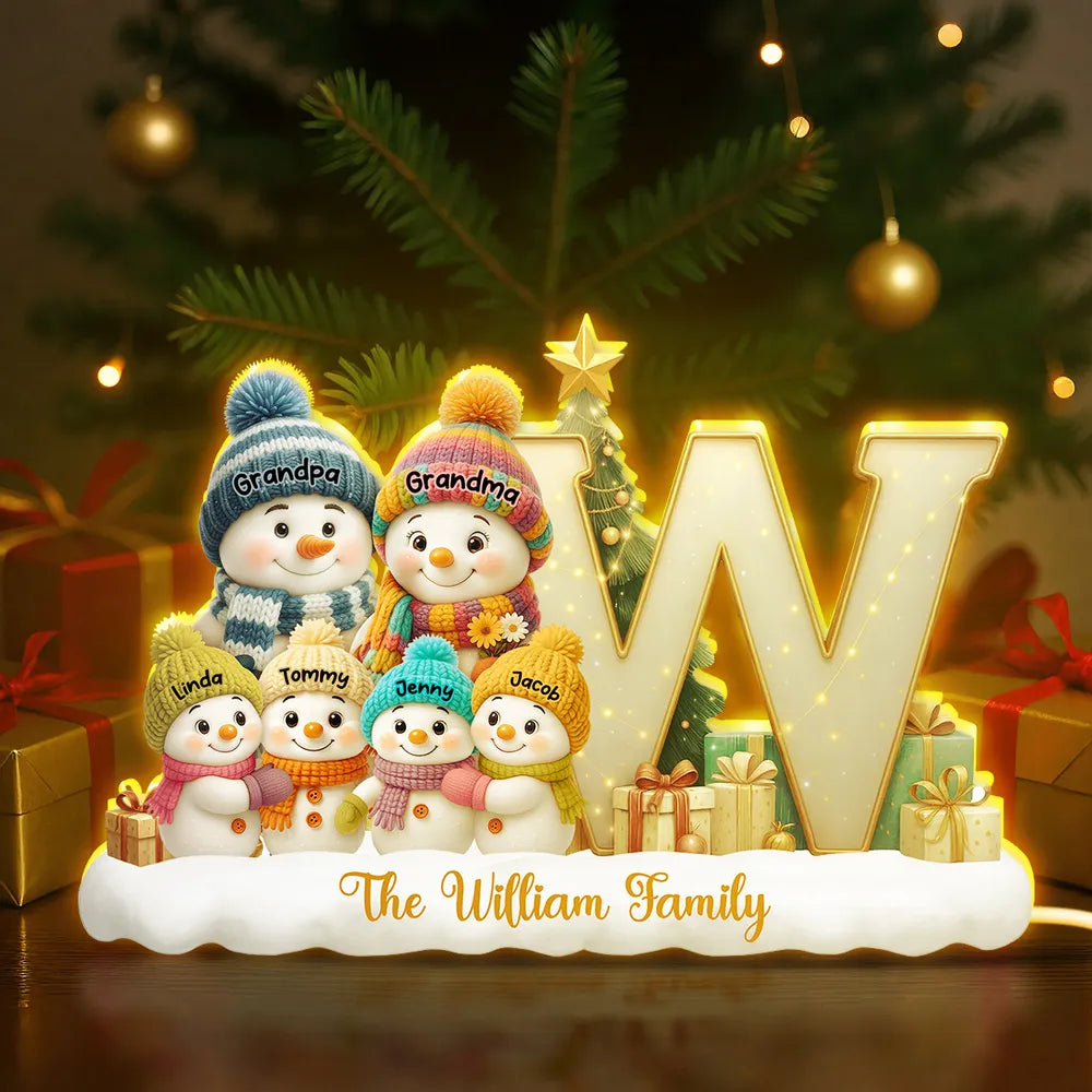 Snowman Family Christmas Acrylic Light Box | Personalized Initial Display, Perfect Gift for Families