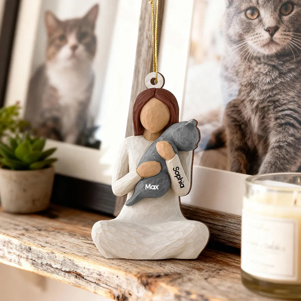 Wooden Ornament - Carved Figure Hugging a Cat, Winter Tree Decor, a unique gift for cat moms & pet owners