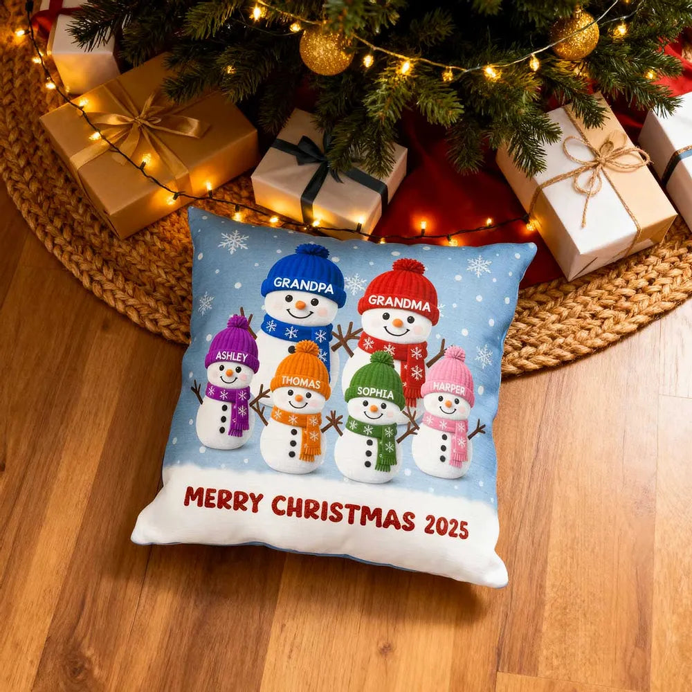 Square Pillow with Cute Snowman Family, plush velvet feel, festive room accent and creative gift for Grandma & Grandpa