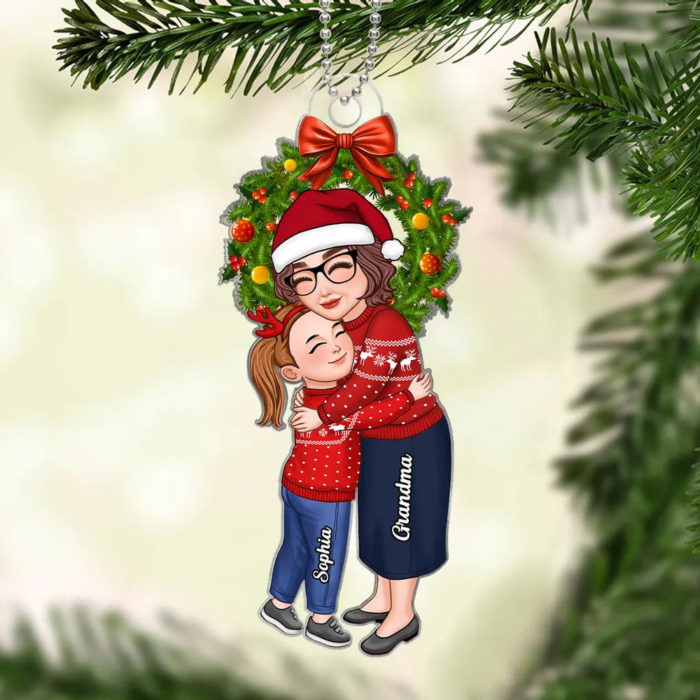 Grandma or Grandpa Hugging Grandchild Inside Wreath Personalized Ornament, Heartfelt Christmas Gift for Grandparents
