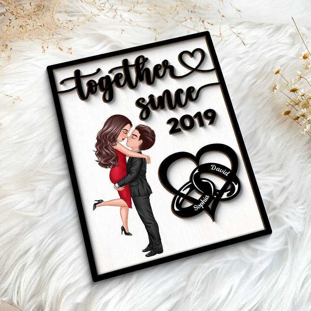 Love Timeline - ‘Together Since’ Couple Rings - Personalized 2-Layer Wooden Plaque for Valentine's & Anniversary