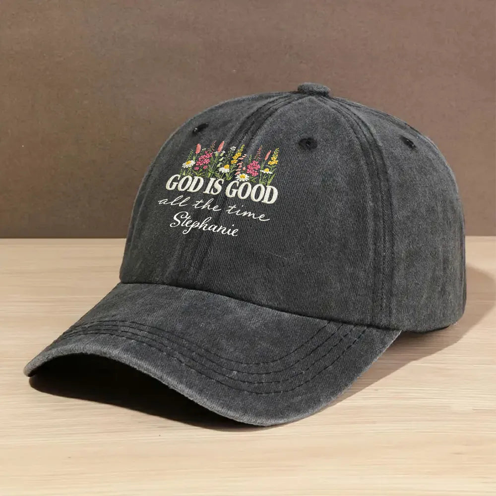 Washed Denim Baseball Cap with God Is Good All the Time Message - Personalized Vintage Look Cap, Meaningful Gift for Her